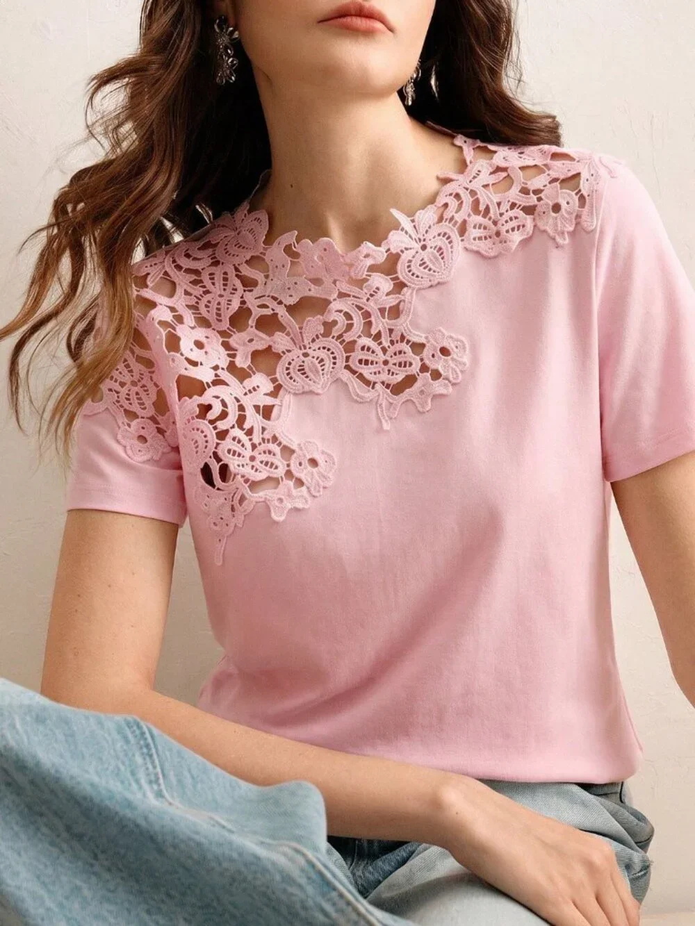 Pink Casual Women's Lace Embroidered Patchwork Hollow-Out Short Sleeve T-Shirt - Picture 3 of 8